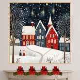 Charming Christmas Folk Art Village with Snowy Red and Blue Houses, Twinkling Stars, Snowfall, and Holiday Cheer on Ready to Hang 1.5" Thick Canvas Wrap, Floating Framed Canvas, Flat Rolled Canvas